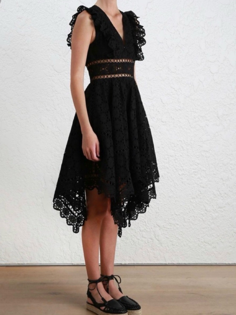 ZIMMERMANN Divinity Wheel Asymmetric Broderie Anglaise Mini Dress In Black sz 1